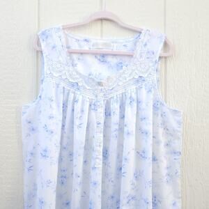 Eileen West Sleeveless Ballet Nightgown XL Blue Floral Pintuck Cottage READ